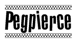 The clipart image displays the text Pegpierce in a bold, stylized font. It is enclosed in a rectangular border with a checkerboard pattern running below and above the text, similar to a finish line in racing. 