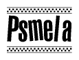 The image contains the text Psmela in a bold, stylized font, with a checkered flag pattern bordering the top and bottom of the text.