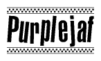 The image is a black and white clipart of the text Purplejaf in a bold, italicized font. The text is bordered by a dotted line on the top and bottom, and there are checkered flags positioned at both ends of the text, usually associated with racing or finishing lines.
