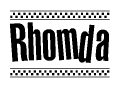 The clipart image displays the text Rhomda in a bold, stylized font. It is enclosed in a rectangular border with a checkerboard pattern running below and above the text, similar to a finish line in racing. 