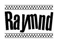 The image is a black and white clipart of the text Raymnd in a bold, italicized font. The text is bordered by a dotted line on the top and bottom, and there are checkered flags positioned at both ends of the text, usually associated with racing or finishing lines.