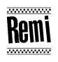 The image contains the text Remi in a bold, stylized font, with a checkered flag pattern bordering the top and bottom of the text.