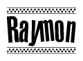 The image contains the text Raymon in a bold, stylized font, with a checkered flag pattern bordering the top and bottom of the text.