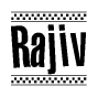 The image contains the text Rajiv in a bold, stylized font, with a checkered flag pattern bordering the top and bottom of the text.