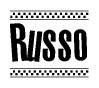   The clipart image displays the text Russo in a bold, stylized font. It is enclosed in a rectangular border with a checkerboard pattern running below and above the text, similar to a finish line in racing.  