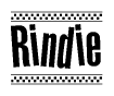 The clipart image displays the text Rindie in a bold, stylized font. It is enclosed in a rectangular border with a checkerboard pattern running below and above the text, similar to a finish line in racing. 