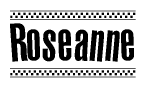 The image contains the text Roseanne in a bold, stylized font, with a checkered flag pattern bordering the top and bottom of the text.