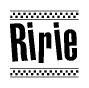 The image contains the text Ririe in a bold, stylized font, with a checkered flag pattern bordering the top and bottom of the text.
