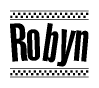 The clipart image displays the text Robyn in a bold, stylized font. It is enclosed in a rectangular border with a checkerboard pattern running below and above the text, similar to a finish line in racing. 