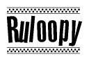 The image contains the text Ruloopy in a bold, stylized font, with a checkered flag pattern bordering the top and bottom of the text.