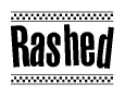 The image contains the text Rashed in a bold, stylized font, with a checkered flag pattern bordering the top and bottom of the text.