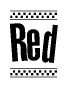 The image contains the text Red in a bold, stylized font, with a checkered flag pattern bordering the top and bottom of the text.