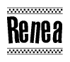 The image contains the text Renea in a bold, stylized font, with a checkered flag pattern bordering the top and bottom of the text.