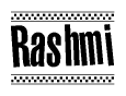 The clipart image displays the text Rashmi in a bold, stylized font. It is enclosed in a rectangular border with a checkerboard pattern running below and above the text, similar to a finish line in racing. 