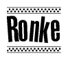 The image contains the text Ronke in a bold, stylized font, with a checkered flag pattern bordering the top and bottom of the text.