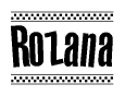 The image contains the text Rozana in a bold, stylized font, with a checkered flag pattern bordering the top and bottom of the text.