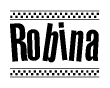 The clipart image displays the text Robina in a bold, stylized font. It is enclosed in a rectangular border with a checkerboard pattern running below and above the text, similar to a finish line in racing. 