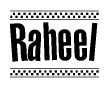 The image contains the text Raheel in a bold, stylized font, with a checkered flag pattern bordering the top and bottom of the text.