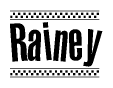 The clipart image displays the text Rainey in a bold, stylized font. It is enclosed in a rectangular border with a checkerboard pattern running below and above the text, similar to a finish line in racing. 
