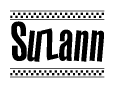 The image contains the text Suzann in a bold, stylized font, with a checkered flag pattern bordering the top and bottom of the text.