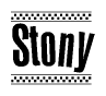 The clipart image displays the text Stony in a bold, stylized font. It is enclosed in a rectangular border with a checkerboard pattern running below and above the text, similar to a finish line in racing. 