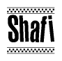 The image contains the text Shafi in a bold, stylized font, with a checkered flag pattern bordering the top and bottom of the text.