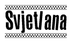 The image is a black and white clipart of the text Svjetlana in a bold, italicized font. The text is bordered by a dotted line on the top and bottom, and there are checkered flags positioned at both ends of the text, usually associated with racing or finishing lines.