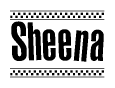 The clipart image displays the text Sheena in a bold, stylized font. It is enclosed in a rectangular border with a checkerboard pattern running below and above the text, similar to a finish line in racing. 