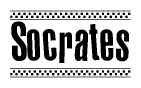 The clipart image displays the text Socrates in a bold, stylized font. It is enclosed in a rectangular border with a checkerboard pattern running below and above the text, similar to a finish line in racing. 