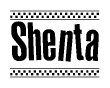 The image contains the text Shenta in a bold, stylized font, with a checkered flag pattern bordering the top and bottom of the text.