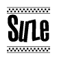 The clipart image displays the text Suze in a bold, stylized font. It is enclosed in a rectangular border with a checkerboard pattern running below and above the text, similar to a finish line in racing. 