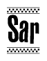 The clipart image displays the text Sar in a bold, stylized font. It is enclosed in a rectangular border with a checkerboard pattern running below and above the text, similar to a finish line in racing. 