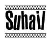 The image contains the text Suhail in a bold, stylized font, with a checkered flag pattern bordering the top and bottom of the text.