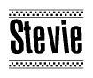 The image contains the text Stevie in a bold, stylized font, with a checkered flag pattern bordering the top and bottom of the text.