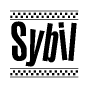 The clipart image displays the text Sybil in a bold, stylized font. It is enclosed in a rectangular border with a checkerboard pattern running below and above the text, similar to a finish line in racing. 