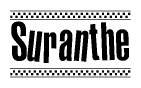 The image is a black and white clipart of the text Suranthe in a bold, italicized font. The text is bordered by a dotted line on the top and bottom, and there are checkered flags positioned at both ends of the text, usually associated with racing or finishing lines.