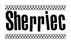 The clipart image displays the text Sherriec in a bold, stylized font. It is enclosed in a rectangular border with a checkerboard pattern running below and above the text, similar to a finish line in racing. 