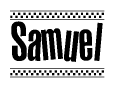 The image is a black and white clipart of the text Samuel in a bold, italicized font. The text is bordered by a dotted line on the top and bottom, and there are checkered flags positioned at both ends of the text, usually associated with racing or finishing lines.