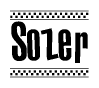 The image contains the text Sozer in a bold, stylized font, with a checkered flag pattern bordering the top and bottom of the text.
