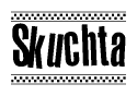 The clipart image displays the text Skuchta in a bold, stylized font. It is enclosed in a rectangular border with a checkerboard pattern running below and above the text, similar to a finish line in racing. 