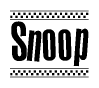 The image is a black and white clipart of the text Snoop in a bold, italicized font. The text is bordered by a dotted line on the top and bottom, and there are checkered flags positioned at both ends of the text, usually associated with racing or finishing lines.