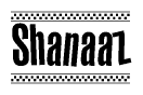 The image contains the text Shanaaz in a bold, stylized font, with a checkered flag pattern bordering the top and bottom of the text.