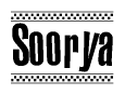 The image contains the text Soorya in a bold, stylized font, with a checkered flag pattern bordering the top and bottom of the text.