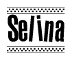 The clipart image displays the text Selina in a bold, stylized font. It is enclosed in a rectangular border with a checkerboard pattern running below and above the text, similar to a finish line in racing. 