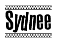 The clipart image displays the text Sydnee in a bold, stylized font. It is enclosed in a rectangular border with a checkerboard pattern running below and above the text, similar to a finish line in racing. 