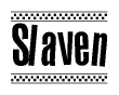 The clipart image displays the text Slaven in a bold, stylized font. It is enclosed in a rectangular border with a checkerboard pattern running below and above the text, similar to a finish line in racing. 