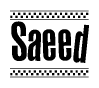 The image contains the text Saeed in a bold, stylized font, with a checkered flag pattern bordering the top and bottom of the text.
