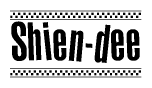 The image is a black and white clipart of the text Shien-dee in a bold, italicized font. The text is bordered by a dotted line on the top and bottom, and there are checkered flags positioned at both ends of the text, usually associated with racing or finishing lines.