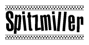 The image contains the text Spitzmiller in a bold, stylized font, with a checkered flag pattern bordering the top and bottom of the text.