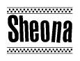 The image contains the text Sheona in a bold, stylized font, with a checkered flag pattern bordering the top and bottom of the text.